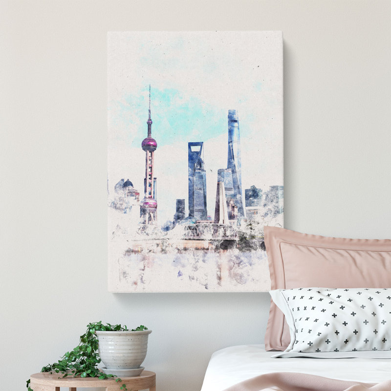 Shanghai Skyline Reflection - Wrapped Canvas Painting, 91cm H x 60cm W x 3cm D
