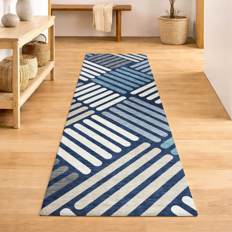 Premium Machine Washable Mayfield AMF2339 Geometric Rug, 2'3" x 7'6" Runner, Navy
