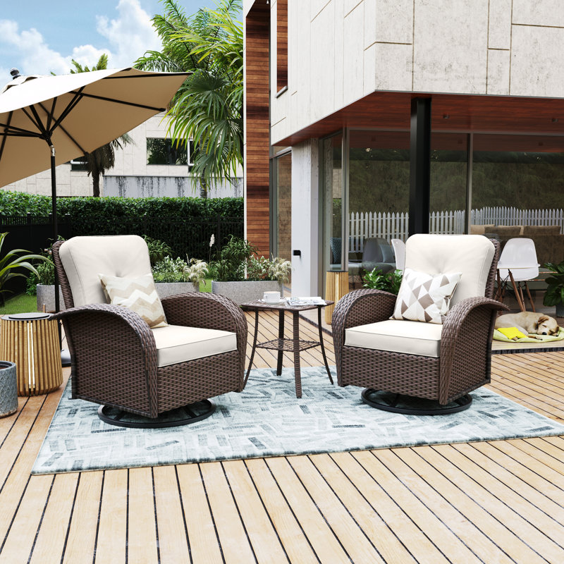  Chaises pivotantes 3 pièces en osier avec coussins blancs, Blanc