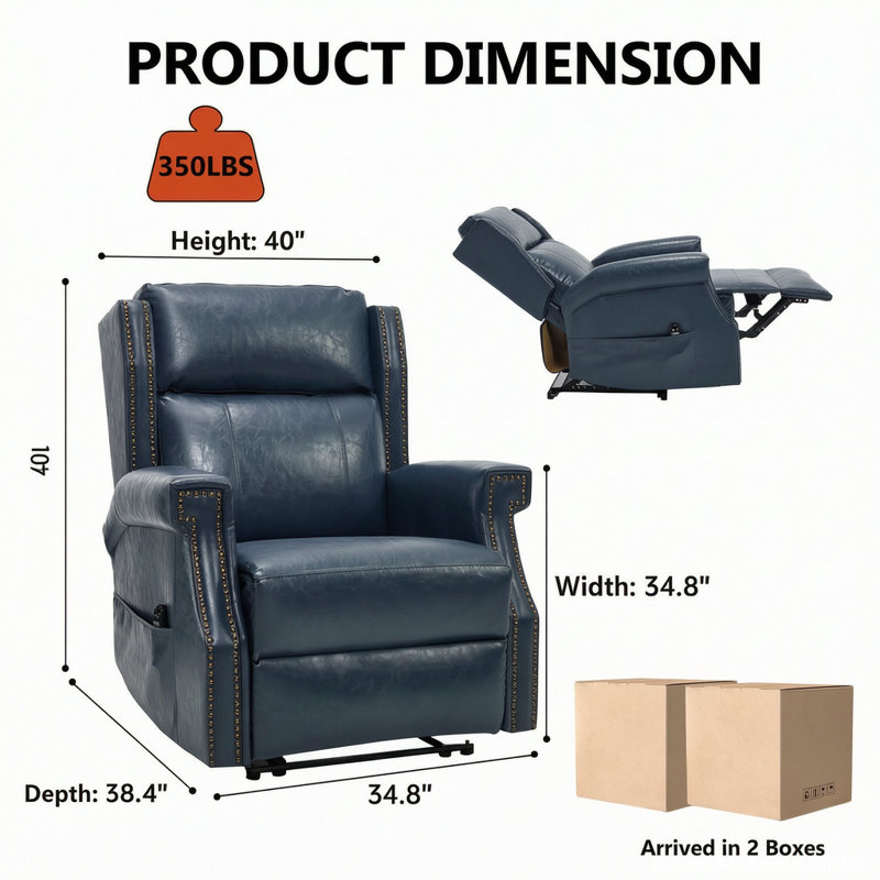 Fauteuil inclinable bleu en faux cuir avec mouvement robuste, 8 nœuds vibrants et 3 modes de massage, poche latérale pour le salon