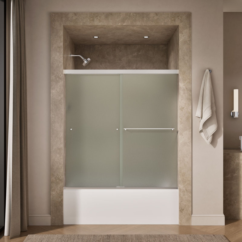 Revel 59.63'' x 62'' Double Sliding Bath Door with CleanCoat® Technology, Frosted, Silver
