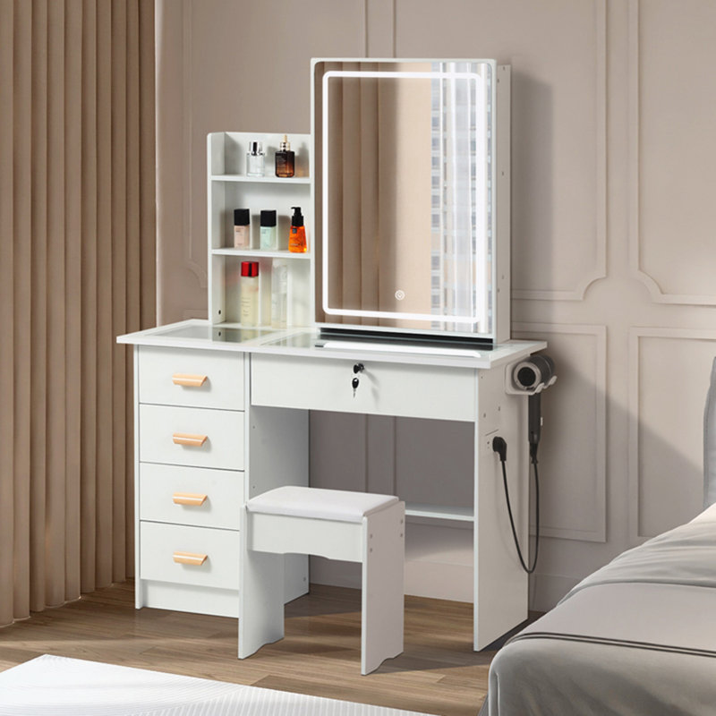 Bureau de maquillage avec miroir lumineux, 5 tiroirs et tablettes ouvertes