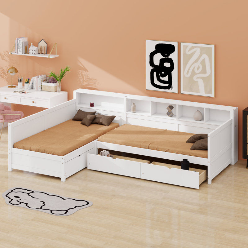 L-Shaped Day Bed for Two Featuring 3 Storage Drawers and Bookshelf, Space-Saving Corner Design for Bedroom and Living Room