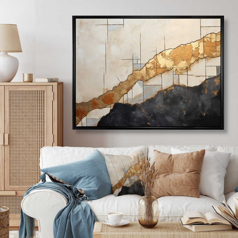 «Black Gold Ororned Poteries VI», reproduction sur toile, H 16 po x l 32 po, Cadre flottant noir