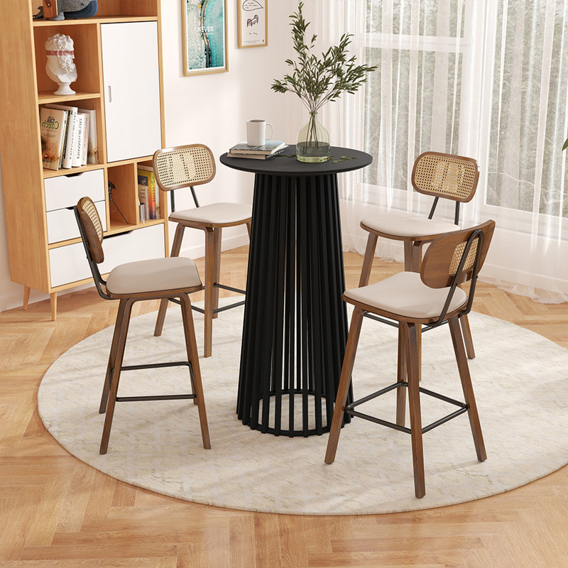Bar Table Set With PU Cushion Stools, Black, 5 Pieces: Table, 4 Chairs