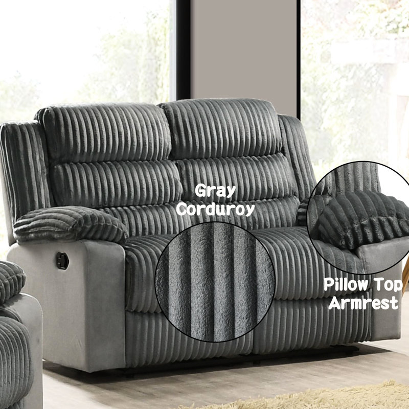 Structure de siège en velours côtelé gris avec structure à ressorts ensachés, structure intérieure en bois, coussin de dossier serré, dossier en K, accoudoir à plateau-coussin, capacité de 440 lb, largeur de 44 po, profondeur de 22 po, hauteur de 20 po, produit de 38 po