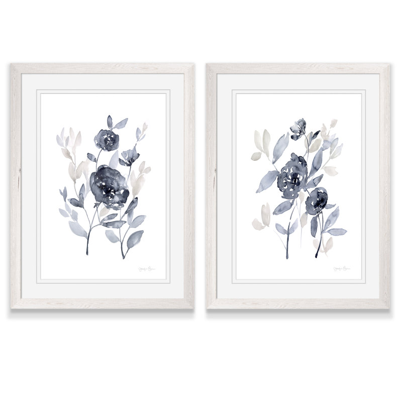 Pivoines en gris - ensemble de 2 reproductions d'art encadrées, H 24 po x l 18 po, Impression encadrée avec passe-partout