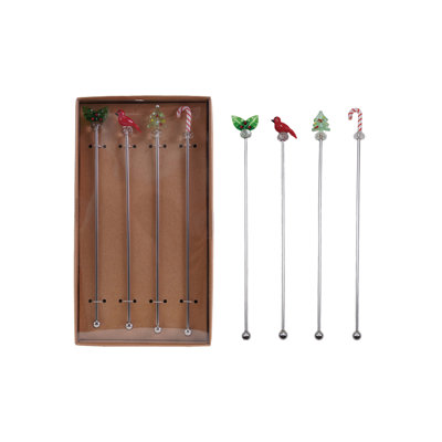 4-Piece Stainless Steel Cocktail Stirrers with Hand-Blown Glass Holiday Icons