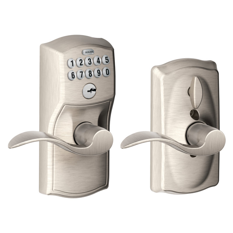 Accent Keypad Lever with Camelot Trim, Yes, Reversible, Satin Nickel