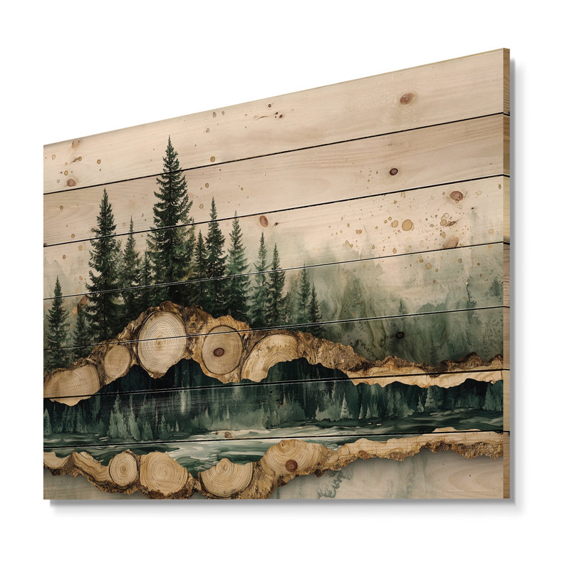 Pin émeraude sur glissade d'arbre en bois I - Décoration murale bois de forêt - sur bois de pin naturel