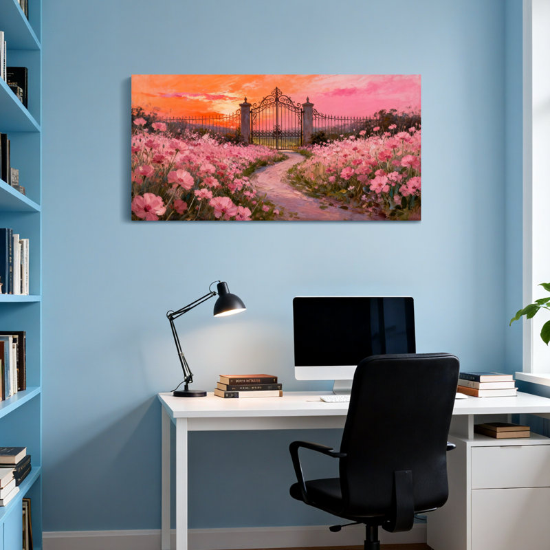 Plantes et fleurs, chemin de jardin romantique, barrière de fleurs au coucher du soleil, H 24 po x l 48 po