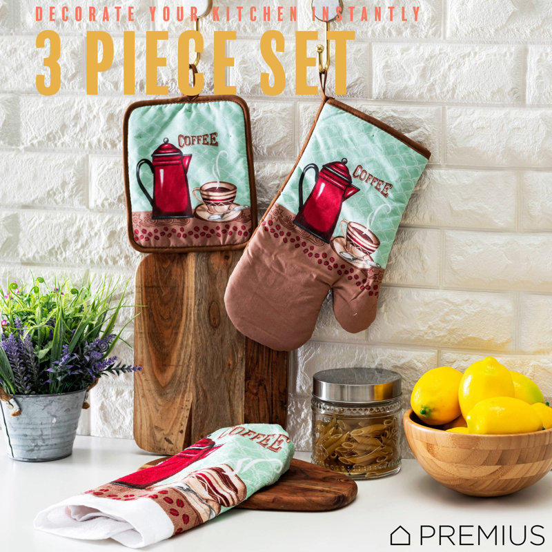 Ensemble de linge de cuisine imprimé 3 pièces PREMIUS, tasse à café, 1 serviette en coton, 1 support à casserole, 1 gant de cuisine