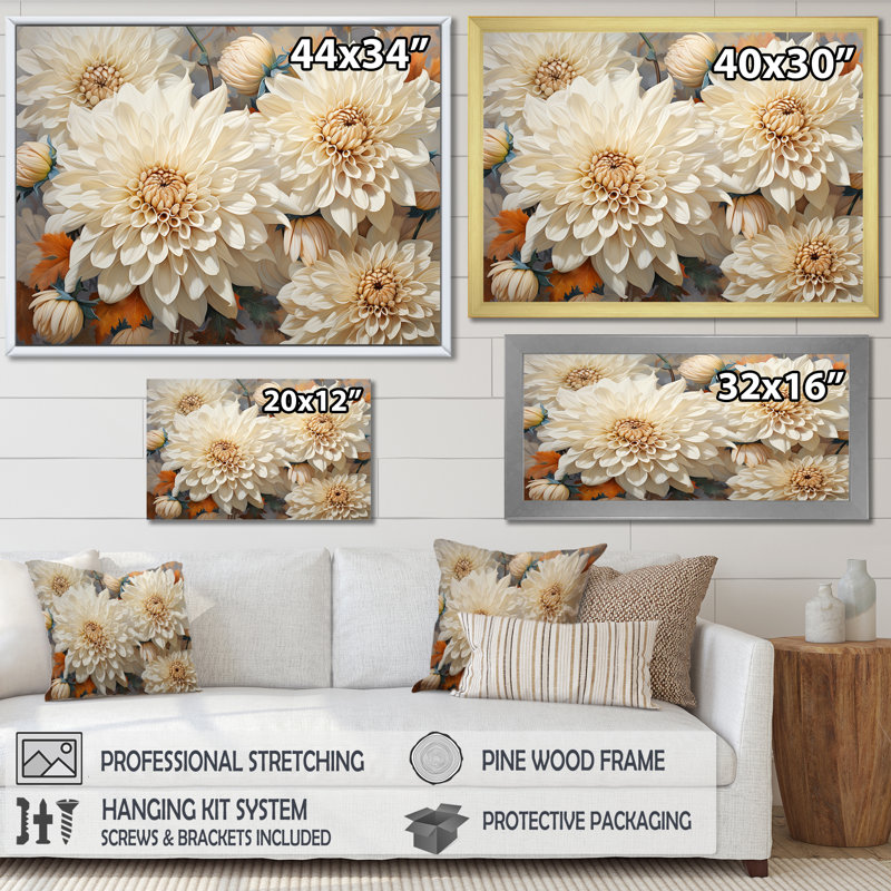 «Minimalisme Chrysanthemums White Floral Collage», reproduction d'art sur toile Chrysanthemums, H 30 po x l 40 po x P 1,5 po