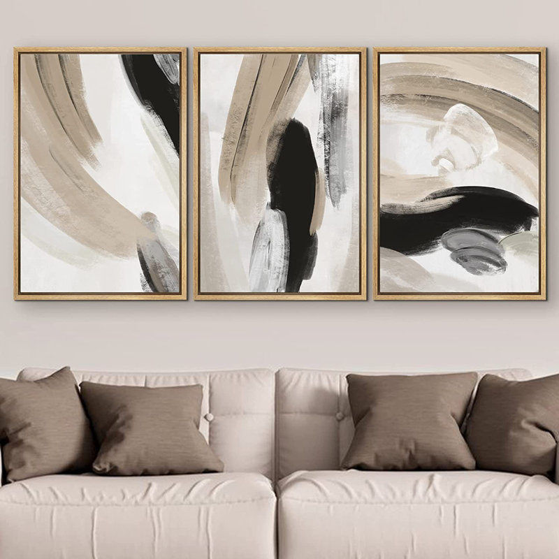 Ensemble de 3 peintures sur toile avec cadre flottant, H 24 po x l 32 po x P 1,5 po, Naturel