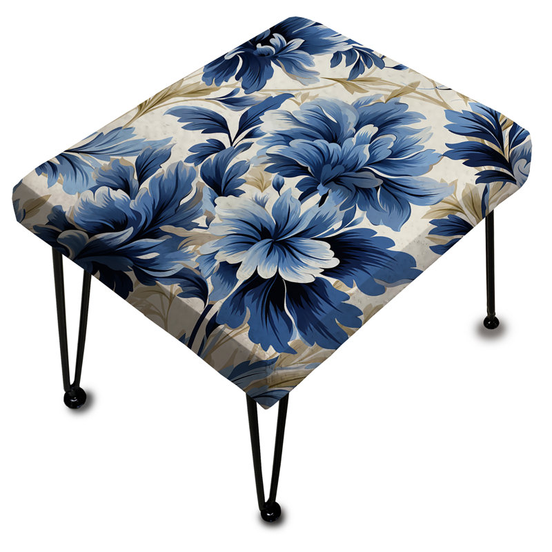 Repose-pieds bleu et blanc damassé à motif floral