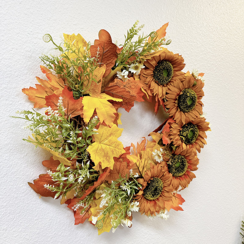 Couronne d'érable et de tournesol 20 po faite à la main pour l'automne et l'hiver