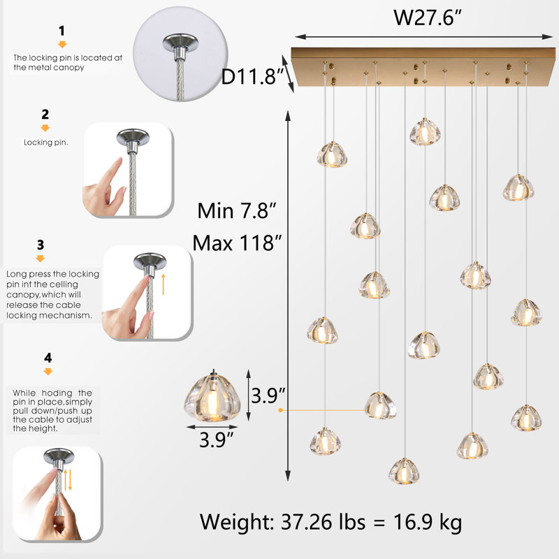 16-lights Rectangular Crystal Chandeliers Led Dimmable, Gold