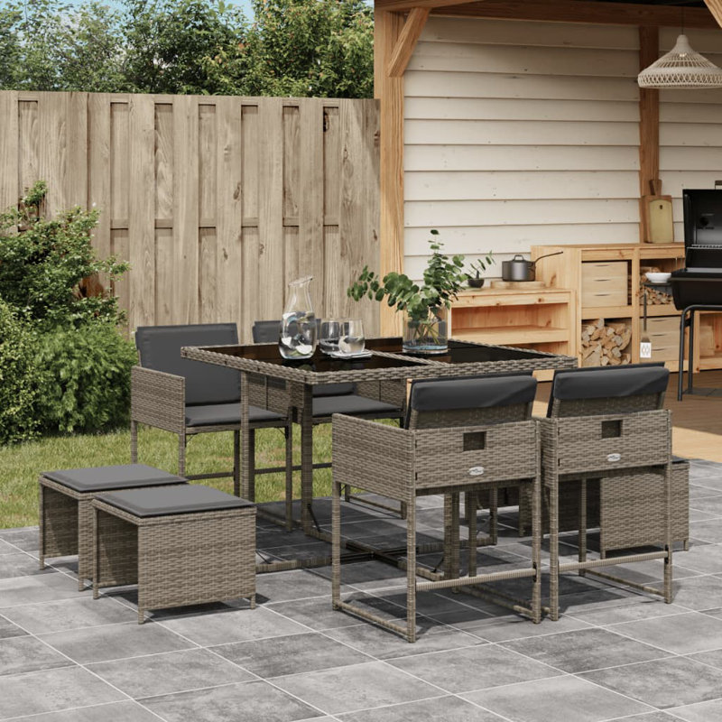Ensemble repas 9 pièces avec coussins en rotin gris Hokku Designs, Gris, Gris