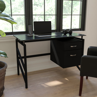 Clemson Two Drawer Pedestal Desk with Tempered Glass Top and Metal Frame