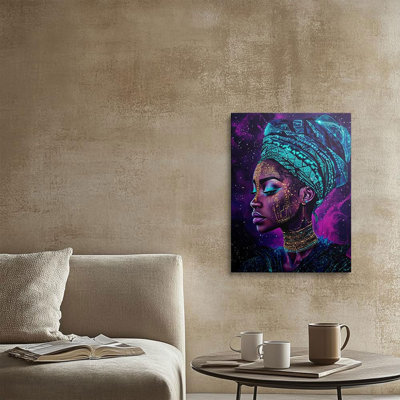 Cool Purple Fantasy Cyberpunk Abstract Picture Wall Decor Technology African American Woman Portrait Canvas Wall Art Africa Girl Prints Poster Girly Painting For Living Room Bathroom Bedroom (16"X24")