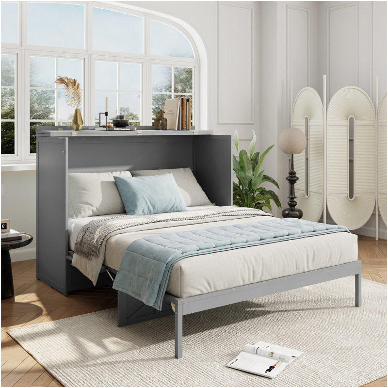 Grand lit escamotable avec grands tiroirs et port USB, gris brossé, Gris