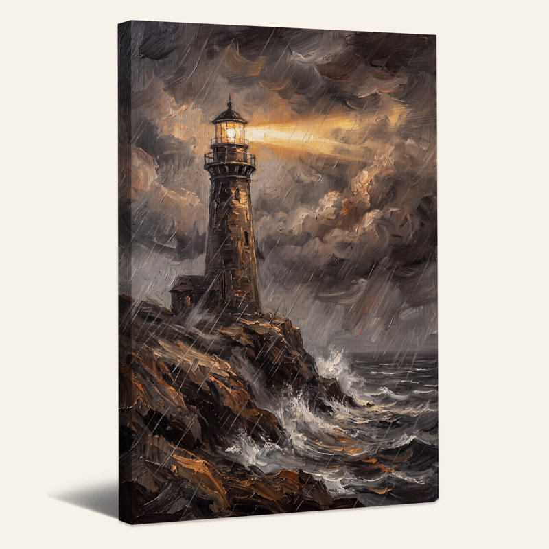 Phare sur la côte rocheuse avec faisceau lumineux - Toile murale d'Halloween, 24"H x 18"W