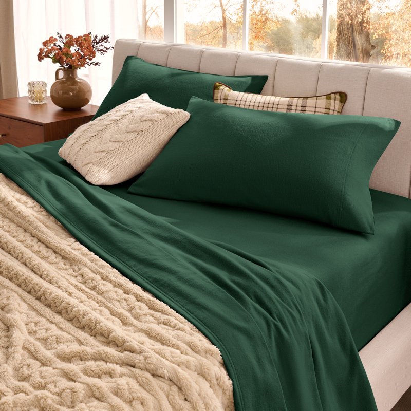 Organic 100% Cotton Flannel Sheet Set, Full Sheet Set with 2 Pillowcases, Forest Green