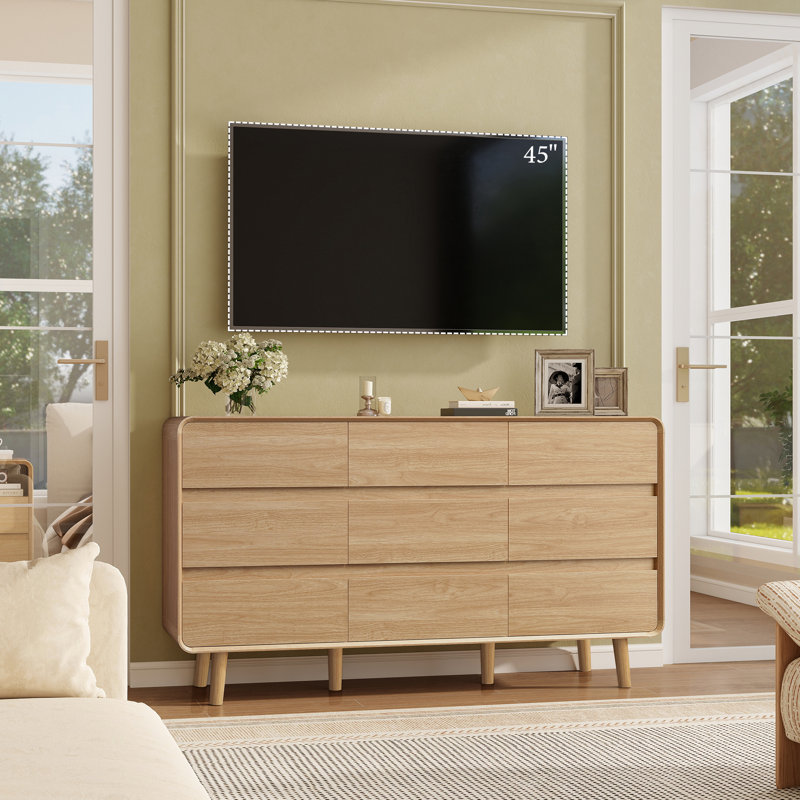 Commode Angela à 9 tiroirs, fini naturel, commode haute, 40 cm (P) x 140 cm (L) x 78 cm (H), Naturel