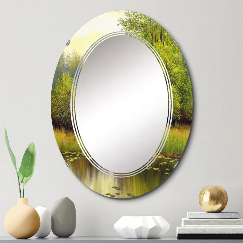 Beautiful Summer River Green Landscape I - Miroir mural ovale, 30 po x 20 po