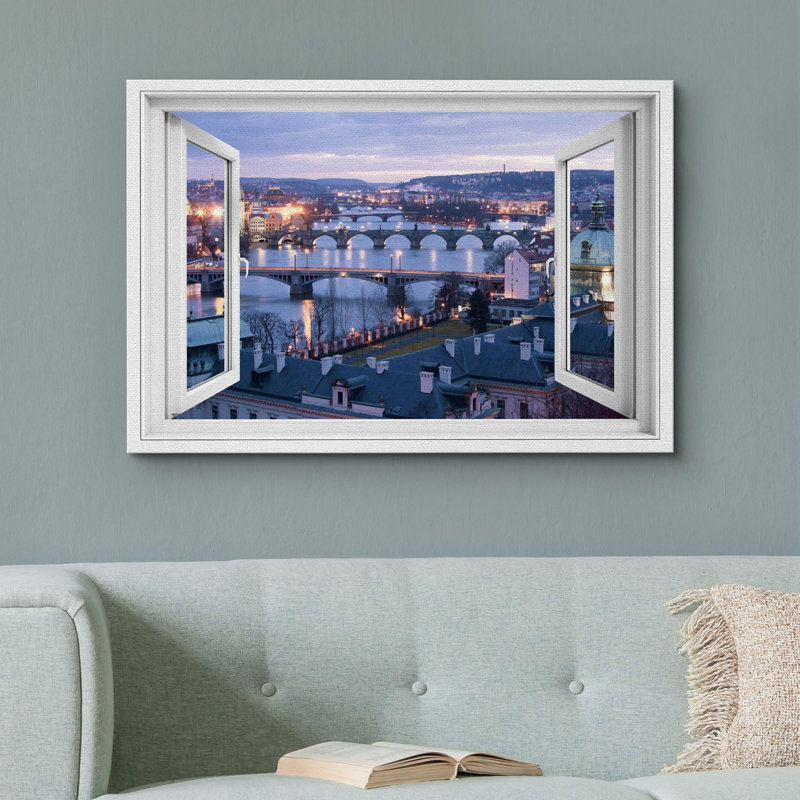Fenêtre de paysage «Window View Sunset European Cityscape Bridge Architecture Nature Decor Decor Rustic Landscape» sur toile