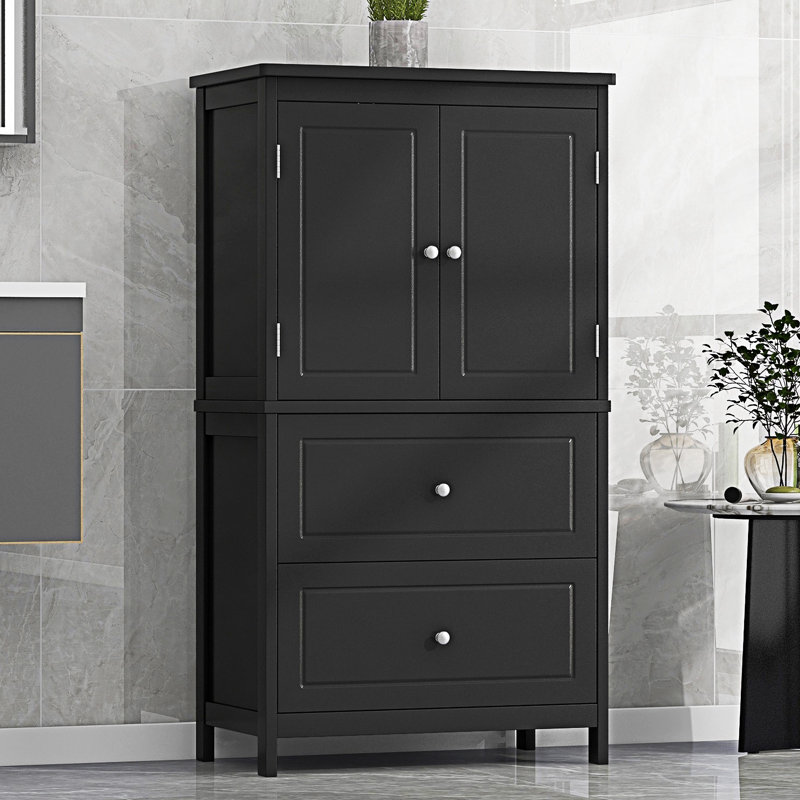 Armoire de rangement pour salle de bain avec tablette réglable et tiroirs, Noir / Nickel brossé