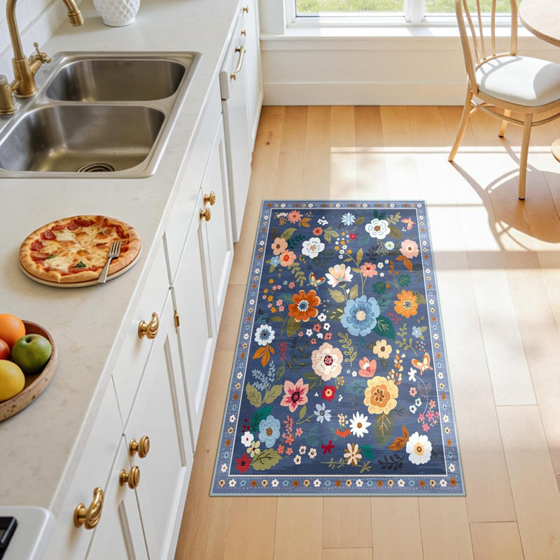 Motif floral 2 x 4 tapis lavable imprimé boho tapis mignon antidérapant fleur bas pour salon chambre cuisine bureau ferme-bleu / gris