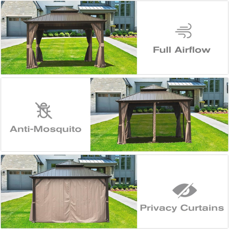 8' X 8' Hardtop Gazebo, Aluminum Metal Gazebo With Galvanized Steel Double Roof Canopy, Curtain And Netting, Permanent Gazebo Pavilion For Patio, Backyard, Deck, Lawn,Brown