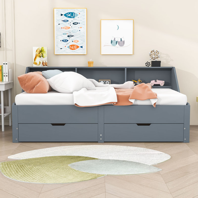 Lit de jour simple en bois avec couchette et tiroirs Faccone, Gris