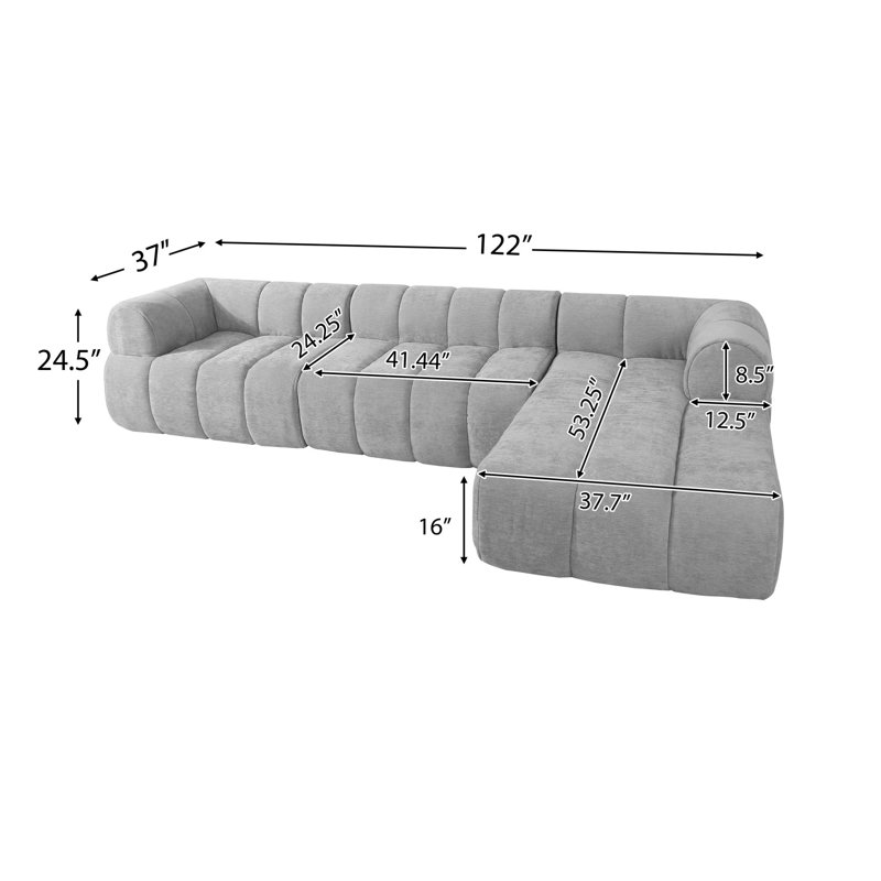 Canapé modulaire faisant face à la droite de 122,02 po de largeur avec méridienne, Polyester gris