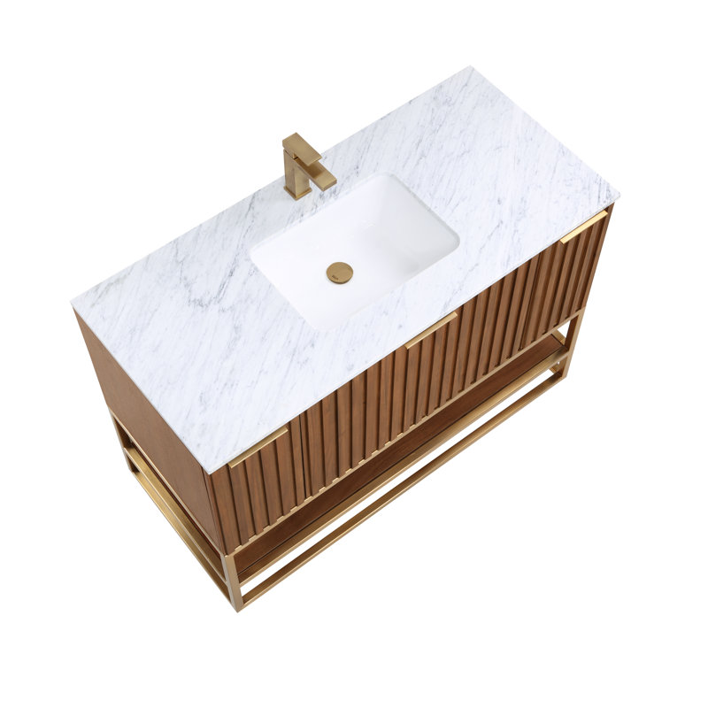 Terra 48'' W Single Vanity, Walnut, Carrara Marble/Single Faucet Mount, Satin Brass