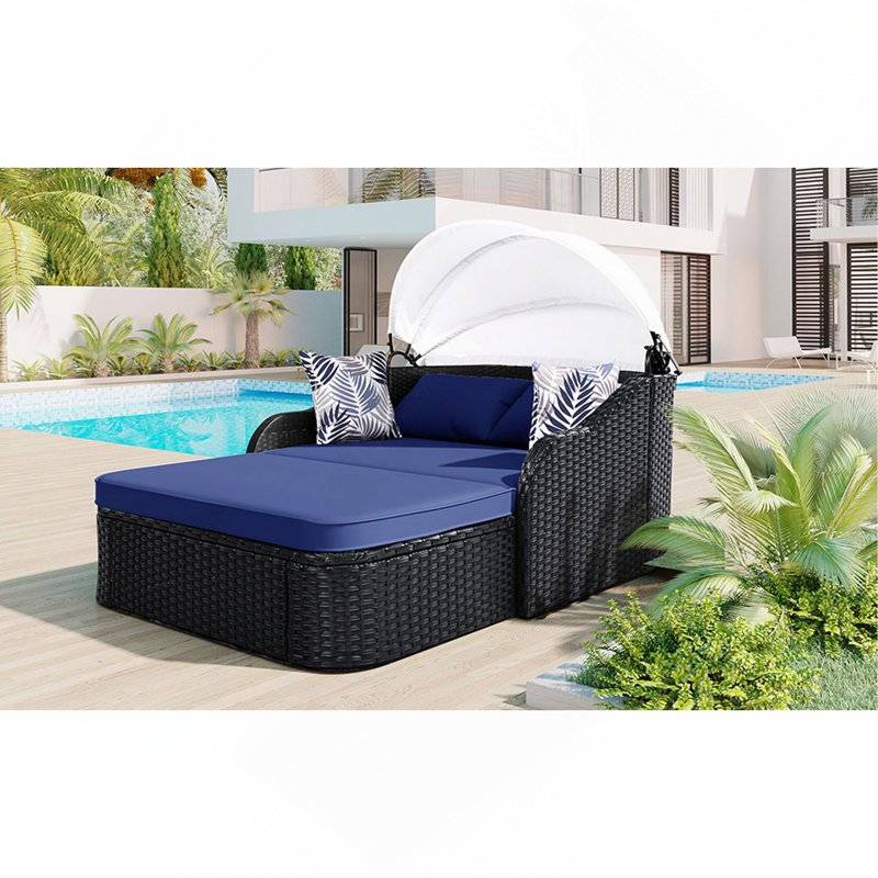 Lit de bronzage d'extérieur 79,9 po avec auvent réglable, lit double, lit de repos en rotin PE, osier noir et coussin bleu
