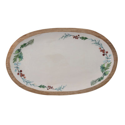Enameled Mango Wood Tray with Boughs & Berries