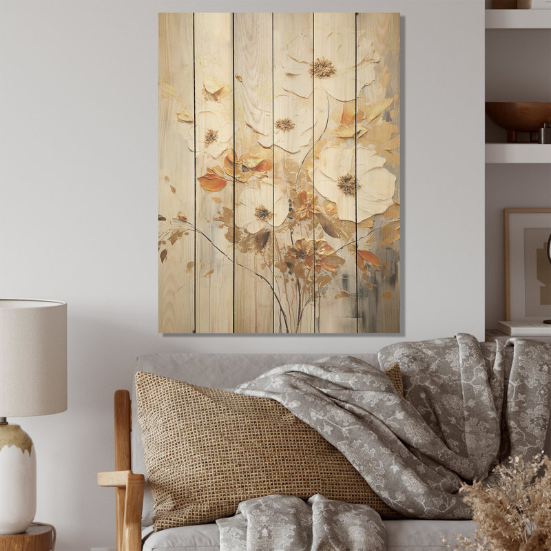 Collage de fleurs saisonnières beiges et bleues - art saisonnier sur bois de pin naturel, H 20 po x l 10 po