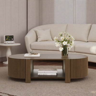 Oval Fluted Coffee Table With 1 Shelf & 2 Open Storage Doors