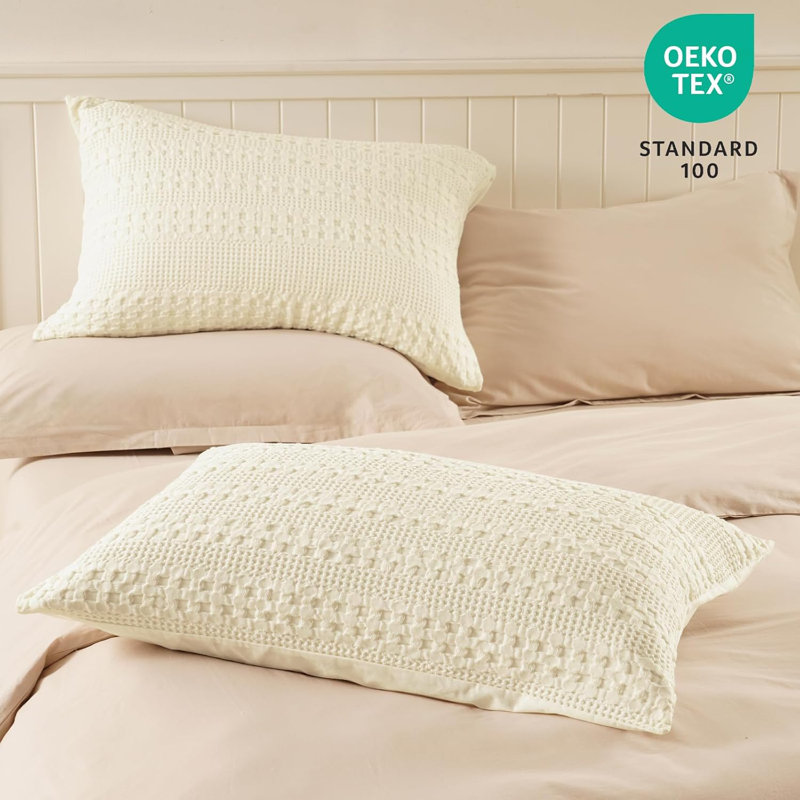 PHF 100% Cotton Ruffle Waffle Pillow Shams, 2 Pack Soft Skin-Friendly Bed Pillow Covers for Aesthetic Home Decor, 20x36"