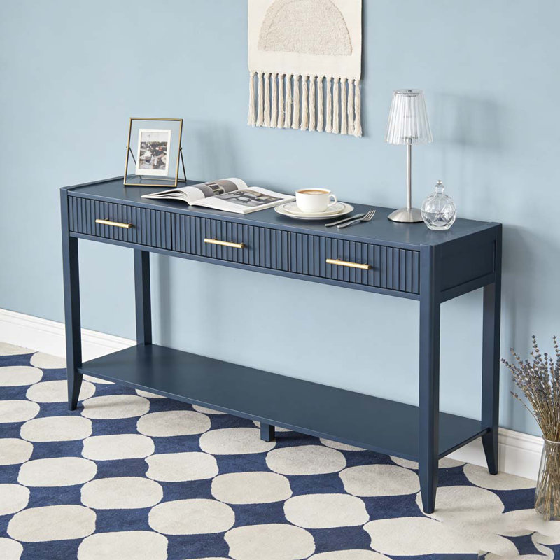 Console 60 po avec 3 tiroirs, table d'entrée en bois avec tablette de rangement, Marine