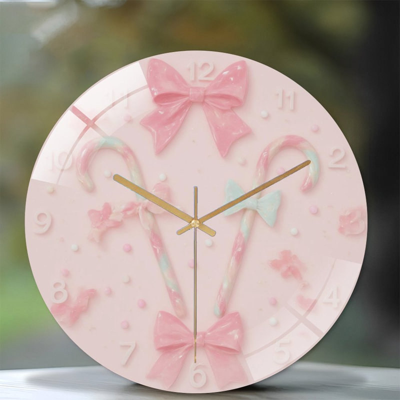 Candy-Cane-Clock-Face-With-Pink-Bows Art - 12'' Modern Glass Wall Clock