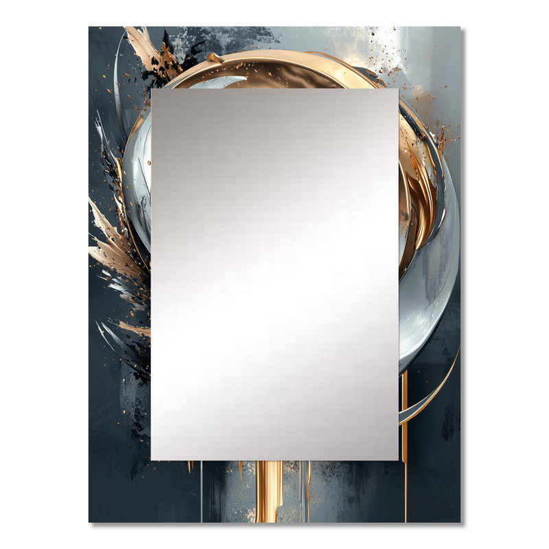 Black And Gold Moon Lines I - Abstract Shapes Mirror, Gold Decorative Wall Mirror, Printed Metal Art, 32" x 24"
