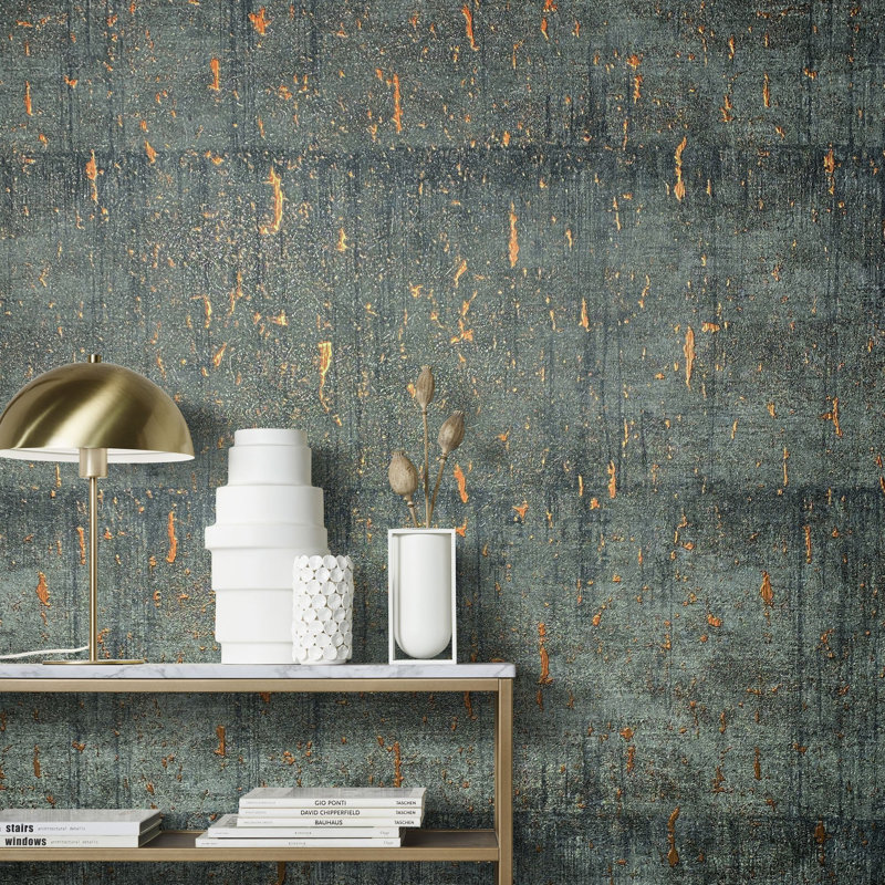 Air Collection Metallic Aged Concrete Textured Wallpaper Roll, Gold