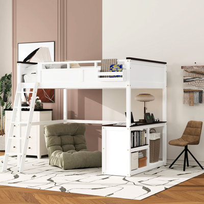 Grand lit mezzanine avec bureau, tablette ouverte et boîte de rangement, couleur blanche - peu encombrant, design, assemblage facile