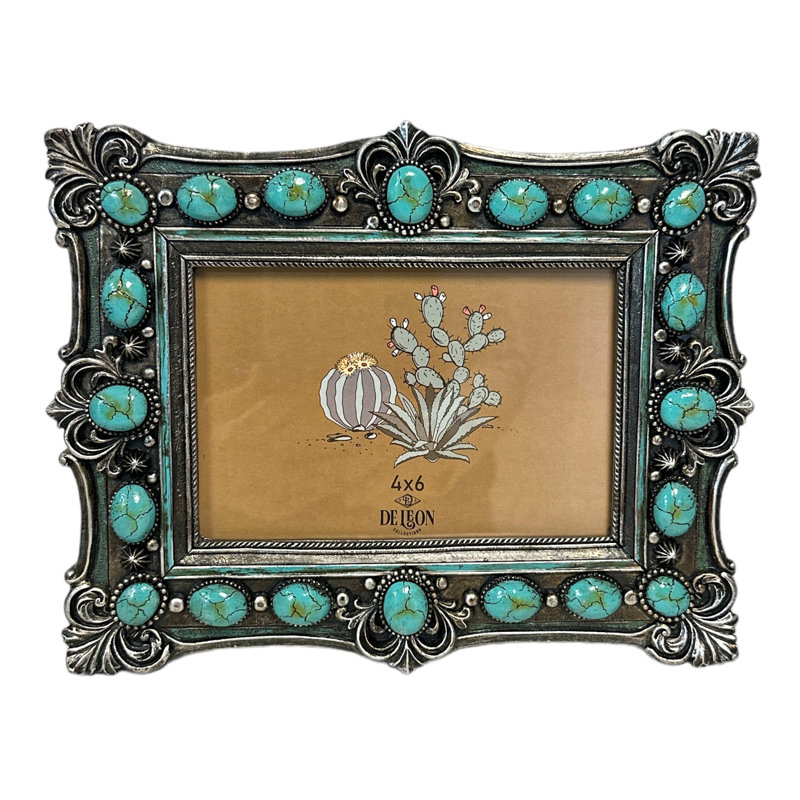 Polyresin Rustic Western Ornate Scrolls with Turquoise Beads 6” x 4” Standing Photo Picture Frame