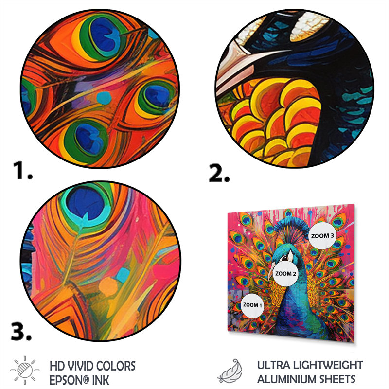 Bleu sarcelle, Pop Art, paon - animaux, art mural en métal, salon, H 16 po x l 16 po x P 1 po