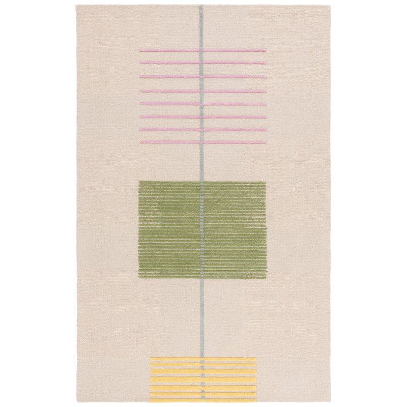 Genre Hand Tufted Wool/Cotton Striped Rug in Green/Beige, Rectangle 4' x 6'