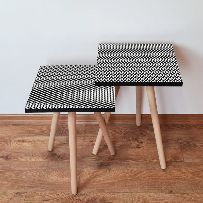 Ensemble de tables gigognes modernes (2 pièces), motif géométrique noir et blanc, 13,8 x 18,5 x 13,8 pouces | 100% panneau de fibres à densité moyenne avec pieds en bois de hêtre, épaisseur: 0,7 pouce | Élégant et fonctionnel pour la décoration de salon ou de bureau